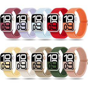 10 Pack Braided Stretchy Compatible with Apple Watch Band 42mm 41mm 40mm 38mm 46mm 45mm 44mm 49mm Women Men, Solo Loop Nylon Elastic Strap for iWatch Bands Series 10 9 8 7 6 5 4 3 2 1 Ultra SE