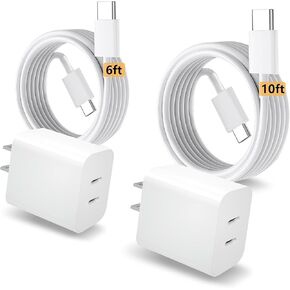 Dual USB C Charger Block 20W 2Pack with USB C to USB C Cable 6ft 10ft for iPhone 16 Pro Max/ 16 Plus/i Phone 15, iPad Pro 13" 12.9" 11" M4/Air 6th M2/5th/4th/Mini 6 8.3-inch/ 10th Generation 10.9"