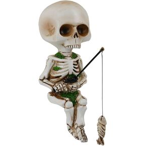 Halloween Fishing Skeleton Garden Accessory Mini Skeleton Figurines Statue Decor for Fishing Enthusiast Gift Pond Fountain Waterfalls Poolside Gothic Suitable for Outdoor and Indoor Decoration