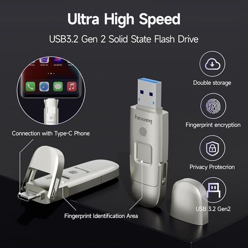 محرك أقراص USB Thumb من fanxiang بسعة 128 جيجابايت مع تشفير AES-256 وأمان بصمات الأصابع، و550 ميجابايت/ثانية USB 3.2 الجيل الثاني، ومنافذ USB-A + Type-C مزدوجة، ومحرك أقراص فلاش ذو حالة صلبة لأجهزة الكمبيوتر المحمول والهواتف الذكية والكمبيوتر اللوحي - FP6 in Kuwait