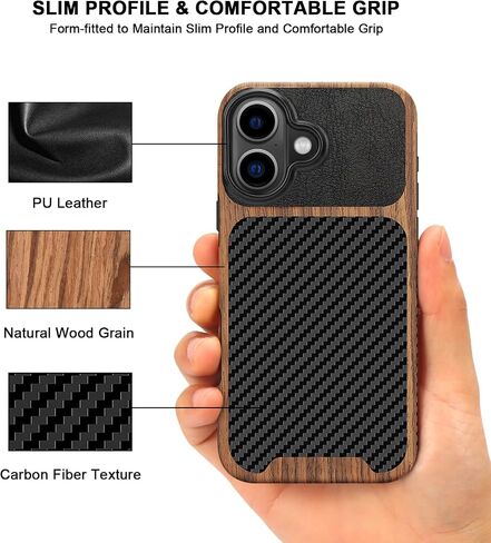 TENDLIN Compatible with iPhone 16 Pro Max Phone Case Wood Grain with Carbon Fiber Texture Design Leather Hybrid Slim Case (Black) in Saudi Arabia