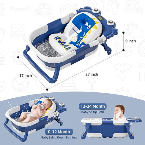 حوض استحمام للأطفال قابل للطي للرضع والأطفال الصغار مع مراقب درجة الحرارة في الوقت الحقيقي + وسادة عائمة، مجموعة حوض استحمام للأطفال قابلة للطي قابلة للتطبيق من عمر 0 ​​إلى 36 شهرًا، حوض استحمام محمول للسفر للأطفال حديثي الولادة (بيج) in Kuwait