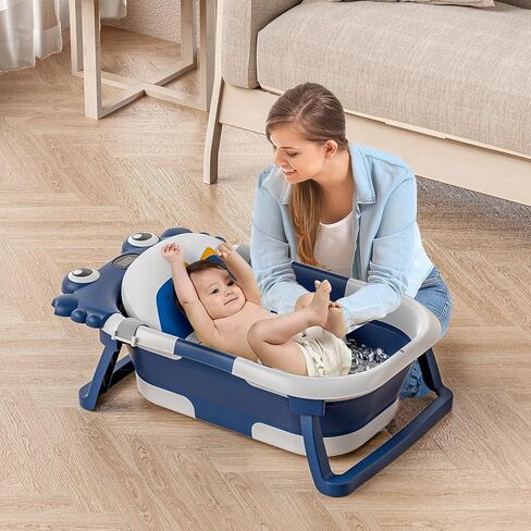 حوض استحمام للأطفال قابل للطي للرضع والأطفال الصغار مع مراقب درجة الحرارة في الوقت الحقيقي + وسادة عائمة، مجموعة حوض استحمام للأطفال قابلة للطي قابلة للتطبيق من عمر 0 ​​إلى 36 شهرًا، حوض استحمام محمول للسفر للأطفال حديثي الولادة (بيج) in Kuwait