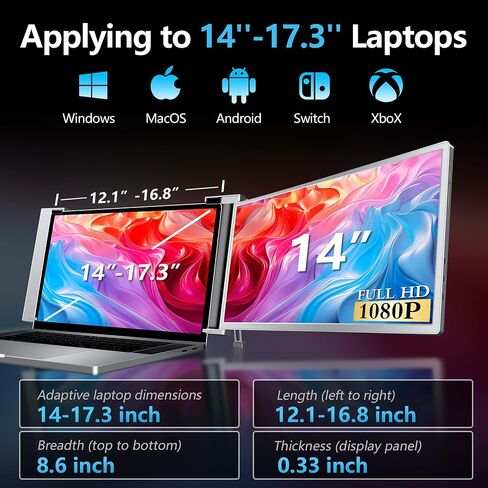موسع شاشة كمبيوتر محمول مزدوج مقاس 14 بوصة - موسع شاشة محمول FHD 1080P IPS مع منفذ USB-C ومنفذ HDMI صغير، التوصيل والتشغيل، سهل الحمل، شاشة جانبية خفيفة الوزن لأجهزة الكمبيوتر المحمولة 14-17.3 بوصة، سويتش، إكس بوكس in Saudi Arabia