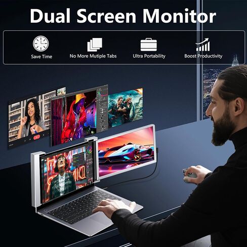 موسع شاشة كمبيوتر محمول مزدوج مقاس 14 بوصة - موسع شاشة محمول FHD 1080P IPS مع منفذ USB-C ومنفذ HDMI صغير، التوصيل والتشغيل، سهل الحمل، شاشة جانبية خفيفة الوزن لأجهزة الكمبيوتر المحمولة 14-17.3 بوصة، سويتش، إكس بوكس in Saudi Arabia