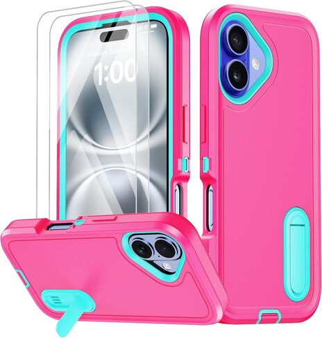 for iPhone 16 Case with Stand, [2X Screen Protectors] 3 in 1 Military Grade Drop Protection Bumper Case [Built-in Kickstand] Heavy Duty Shockproof Protective Phone Cover (Rose) in Saudi Arabia
