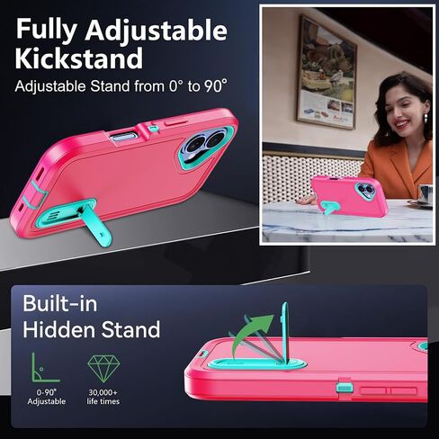 for iPhone 16 Case with Stand, [2X Screen Protectors] 3 in 1 Military Grade Drop Protection Bumper Case [Built-in Kickstand] Heavy Duty Shockproof Protective Phone Cover (Rose) in Saudi Arabia