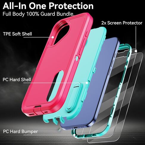 for iPhone 16 Case with Stand, [2X Screen Protectors] 3 in 1 Military Grade Drop Protection Bumper Case [Built-in Kickstand] Heavy Duty Shockproof Protective Phone Cover (Rose) in Saudi Arabia