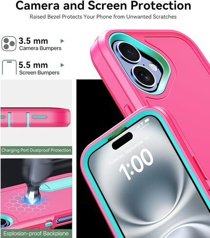 for iPhone 16 Case with Stand, [2X Screen Protectors] 3 in 1 Military Grade Drop Protection Bumper Case [Built-in Kickstand] Heavy Duty Shockproof Protective Phone Cover (Rose) in Saudi Arabia