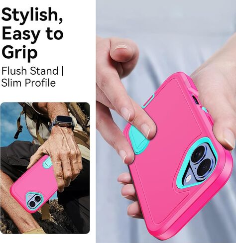 for iPhone 16 Case with Stand, [2X Screen Protectors] 3 in 1 Military Grade Drop Protection Bumper Case [Built-in Kickstand] Heavy Duty Shockproof Protective Phone Cover (Rose) in Saudi Arabia
