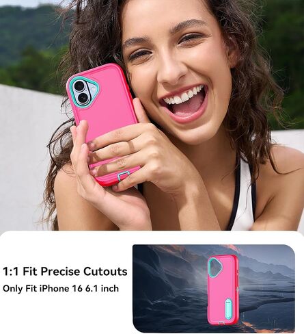 for iPhone 16 Case with Stand, [2X Screen Protectors] 3 in 1 Military Grade Drop Protection Bumper Case [Built-in Kickstand] Heavy Duty Shockproof Protective Phone Cover (Rose) in Saudi Arabia