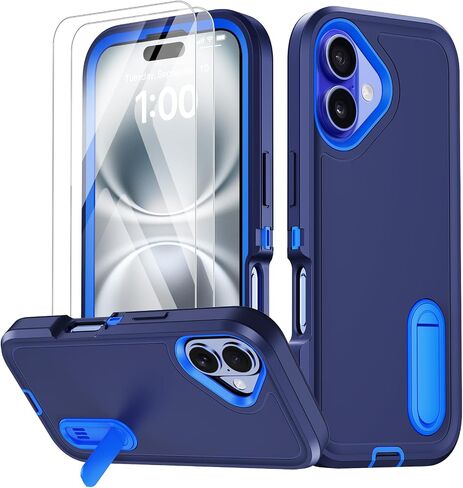 for iPhone 16 Case with Stand, [2X Screen Protectors] 3 in 1 Military Grade Drop Protection Bumper Case [Built-in Kickstand] Heavy Duty Shockproof Protective Phone Cover (Rose) in Saudi Arabia