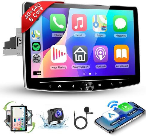 [4+64G] Hodozzy Android Single Din Car Stereo مع Wireless CarPlay/Android Auto، 10.1 بوصة 360 درجة قابلة للتعديل وشاشة تعمل باللمس راديو السيارة مع وصلة مرآة بلوتوث GPS WiFi FM RDS DAB SWC + كاميرا احتياطية in Saudi Arabia