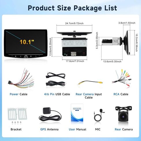 [4+64G] Hodozzy Android Single Din Car Stereo مع Wireless CarPlay/Android Auto، 10.1 بوصة 360 درجة قابلة للتعديل وشاشة تعمل باللمس راديو السيارة مع وصلة مرآة بلوتوث GPS WiFi FM RDS DAB SWC + كاميرا احتياطية in Saudi Arabia