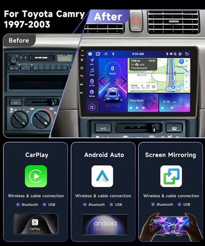 Podofo 8Core 4G 64G ستيريو سيارة لتويوتا كامري 1997-2003 راديو مع 9 بوصة 1280x720P IPS شاشة لمس لاسلكية CarPlay Android Auto MirrorLink 5.0 Bluetooth DPS 36EQ FM/RDS GPS WiFi كاميرا احتياطية in Saudi Arabia