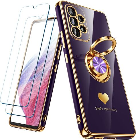 for Samsung Galaxy A53 5G Case with 2 Pack Screen Protector, 360° Rotatable Ring Holder [Luxury Hearts Pattern] Plating Gold Edge Slim Soft Phone Cover Case for Galaxy A53 - Purple in Kuwait