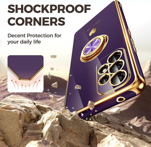 for Samsung Galaxy A53 5G Case with 2 Pack Screen Protector, 360° Rotatable Ring Holder [Luxury Hearts Pattern] Plating Gold Edge Slim Soft Phone Cover Case for Galaxy A53 - Purple in Kuwait