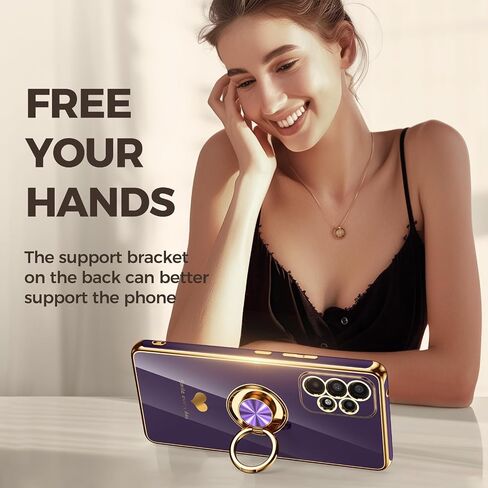 for Samsung Galaxy A53 5G Case with 2 Pack Screen Protector, 360° Rotatable Ring Holder [Luxury Hearts Pattern] Plating Gold Edge Slim Soft Phone Cover Case for Galaxy A53 - Purple in Kuwait