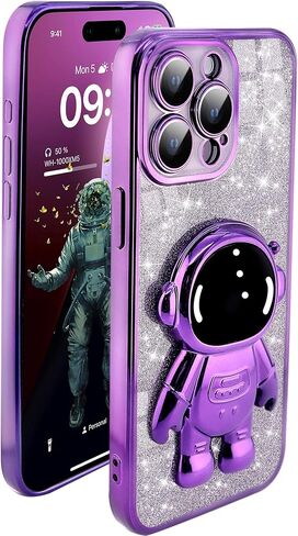 for Cute iPhone 15 Plus Astronaut Case - Girls Clear Glitter Phone Case with Spaceman Stand - Luxury Electroplated Bumper Full Camera Cover Slim iPhone 15 Plus Cases Covers - Purple in Saudi Arabia