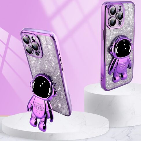 for Cute iPhone 15 Plus Astronaut Case - Girls Clear Glitter Phone Case with Spaceman Stand - Luxury Electroplated Bumper Full Camera Cover Slim iPhone 15 Plus Cases Covers - Purple in Saudi Arabia