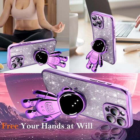 for Cute iPhone 15 Plus Astronaut Case - Girls Clear Glitter Phone Case with Spaceman Stand - Luxury Electroplated Bumper Full Camera Cover Slim iPhone 15 Plus Cases Covers - Purple in Saudi Arabia