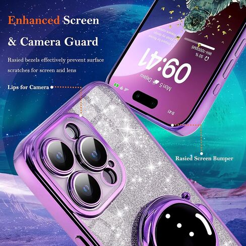 for Cute iPhone 15 Plus Astronaut Case - Girls Clear Glitter Phone Case with Spaceman Stand - Luxury Electroplated Bumper Full Camera Cover Slim iPhone 15 Plus Cases Covers - Purple in Saudi Arabia