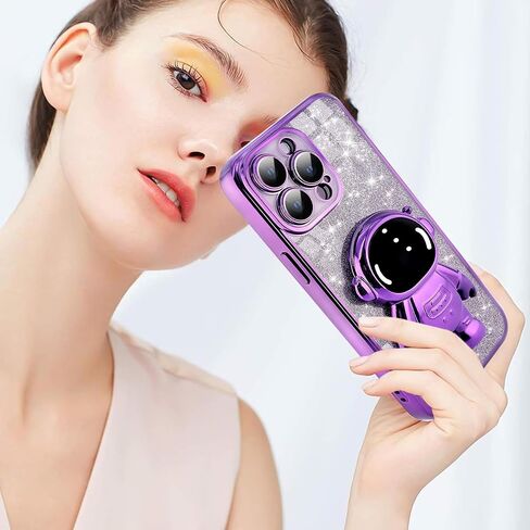 for Cute iPhone 15 Plus Astronaut Case - Girls Clear Glitter Phone Case with Spaceman Stand - Luxury Electroplated Bumper Full Camera Cover Slim iPhone 15 Plus Cases Covers - Purple in Saudi Arabia