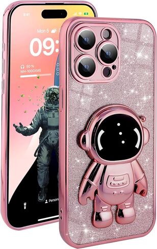 حافظة رائد فضاء لهاتف iPhone 15 Plus - حافظة هاتف لامعة شفافة للفتيات مع حامل رائد فضاء - غطاء كامل للكاميرا فاخر مطلي بالكهرباء، أغطية نحيفة لهاتف iPhone 15 Plus - أرجواني in Saudi Arabia