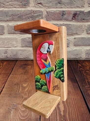 Chorreador, Costa Rican handcrafted foldable wooden pour-over coffee maker. Includes a large reusable cloth filter. Embedded Macaw wooden hand painted design. Color: Light Cedar. Perfect for travel in Saudi Arabia