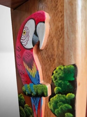 Chorreador, Costa Rican handcrafted foldable wooden pour-over coffee maker. Includes a large reusable cloth filter. Embedded Macaw wooden hand painted design. Color: Light Cedar. Perfect for travel in Saudi Arabia