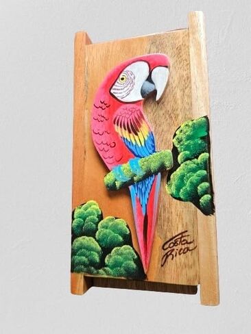 Chorreador, Costa Rican handcrafted foldable wooden pour-over coffee maker. Includes a large reusable cloth filter. Embedded Macaw wooden hand painted design. Color: Light Cedar. Perfect for travel in Saudi Arabia