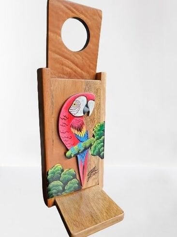 Chorreador, Costa Rican handcrafted foldable wooden pour-over coffee maker. Includes a large reusable cloth filter. Embedded Macaw wooden hand painted design. Color: Light Cedar. Perfect for travel in Saudi Arabia