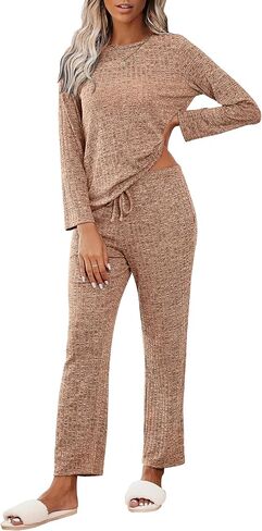 Ekouaer Womens Ribbed Knit Lounge Set Long Sleeve Top and Long Pants Sleepwear Pajama Set Two Piece Matching Set with Pockets in Saudi Arabia