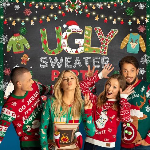 Avezano Ugly Sweater Party Backdrop Christmas Ugly Sweater Background for Photography Ugly Christmas Sweater Party Decorations (7x5ft) in Saudi Arabia
