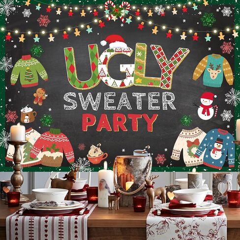 Avezano Ugly Sweater Party Backdrop Christmas Ugly Sweater Background for Photography Ugly Christmas Sweater Party Decorations (7x5ft) in Saudi Arabia