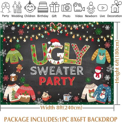 Avezano Ugly Sweater Party Backdrop Christmas Ugly Sweater Background for Photography Ugly Christmas Sweater Party Decorations (7x5ft) in Saudi Arabia