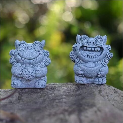 تماثيل Livelyfish Fish Tank Fu Foo Dogs ديكورات زوج من أشكال الأسد من الحجر الرملي الياباني الآسيوي لخزانات المياه سعة 10 جالون، هدايا ديكور بونساي للحديقة، E (M) in Kuwait