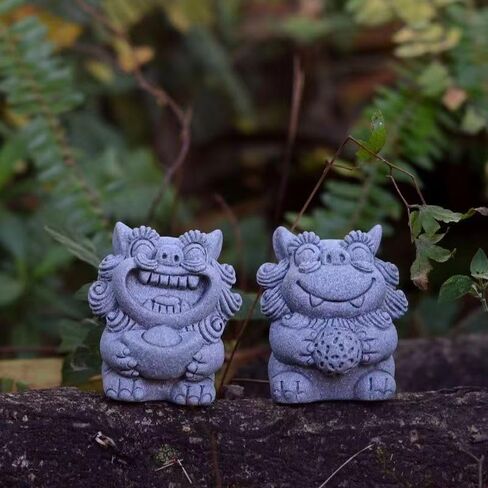 تماثيل Livelyfish Fish Tank Fu Foo Dogs ديكورات زوج من أشكال الأسد من الحجر الرملي الياباني الآسيوي لخزانات المياه سعة 10 جالون، هدايا ديكور بونساي للحديقة، E (M) in Kuwait