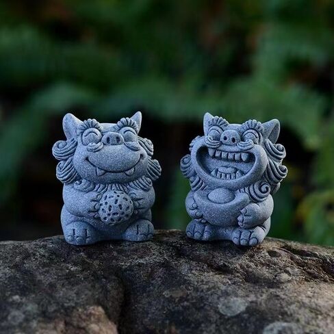 تماثيل Livelyfish Fish Tank Fu Foo Dogs ديكورات زوج من أشكال الأسد من الحجر الرملي الياباني الآسيوي لخزانات المياه سعة 10 جالون، هدايا ديكور بونساي للحديقة، E (M) in Kuwait
