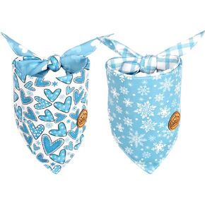 CROWNED BEAUTY Winter Dog Bandanas Reversible Large 2 Pack, Winter Hearts Set, Blue Plaid Adjustable Triangle Snowflakes Holiday Scarves for Medium Large Extra Large Dogs Boy Girl Pets DB155-L