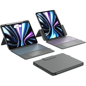 CHESONA Rugged for iPad Pro 12.9 Case with Keyboard, for iPad Air 13 inch Case Keyboard, Magnetic Detachable Case & 7-Color Backlit, Smart Trackpad, 15°-180° Adjustable Stand, Portrait/Landscape, Gray