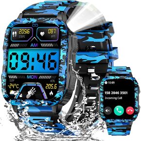 Military Smart Watches for Men (Make/Answer Call) with LED Flashlight 1.96" Big Screen 430mAh Fitness Tracker with Sport Modes Heart Rate Monitor Rugged Smartwatch for iPhone Android