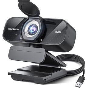 Full HD Webcam with Built-in Microphone, 1080P Video and Wide Angle Camera, Privacy Cover, for Desktop PC Laptop Computer Black