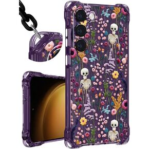 Toycamp for Samsung Galaxy S23 Ultra Case with Strap for Women - Cute Funny Girls Girly Skull Flower Pattern Design Case with Wrist Lanyards Four Corners Flexible Hang Style