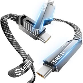 SHEZI 2-in-1 USB C Cable 180W 5FT Light-ning Cable Fast Charging [480Mbps Data Sync] Flat Nylon Braided Universal Charger Cord Combo with Light-ning/USB C Port for iPhone iPad Samsung & Most Devices