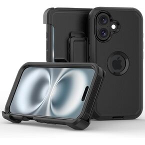 Compatible with iPhone 16 Case, with Belt Clip Holster Heavy Duty Rugged Shockproof Full Body Protection Kickstand Cover for iPhone 16 6.1 inch Phone (Black)