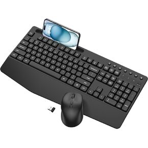 Wireless Keyboard and Mouse, EDJO Full-Sized Ergonomic Computer Keyboard with Wrist Rest, Phone Holder, Sleep Mode, Lag-Free, Silent 2.4GHz Cordless Keyboard Mouse Combo for Laptop, PC, Windows, Mac