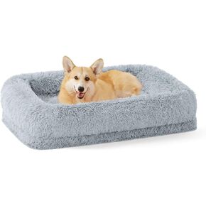 Orthopedic Dog Beds for Large Sized Dogs - Calming Dog Sofa Bed with Fluffy Faux Fur, Pet Bed with Supportive Egg Foam, Washable Removable Cover and Nonskid Bottom, Grey