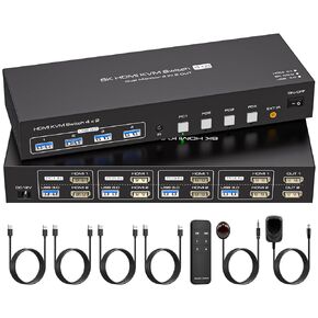 Dual Monitor HDMI KVM Switch 4 Computers 2 Monitors 8K@60Hz 4K@120Hz 4 Port KVM Switches for 4 PC Share 4 USB 3.0 Devices Support Copy and Extend Mode Includes Remote Control and Power Adapter