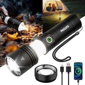 PHILIPS LED Rechargeable Flashlight with Ambient Lamp and Ignition Lens,Tactical Flashlights High Lumens with 2 Colors,Zoomable,5 Modes,Output,Flash Light for Camping Essentials,Outdoor, Home
